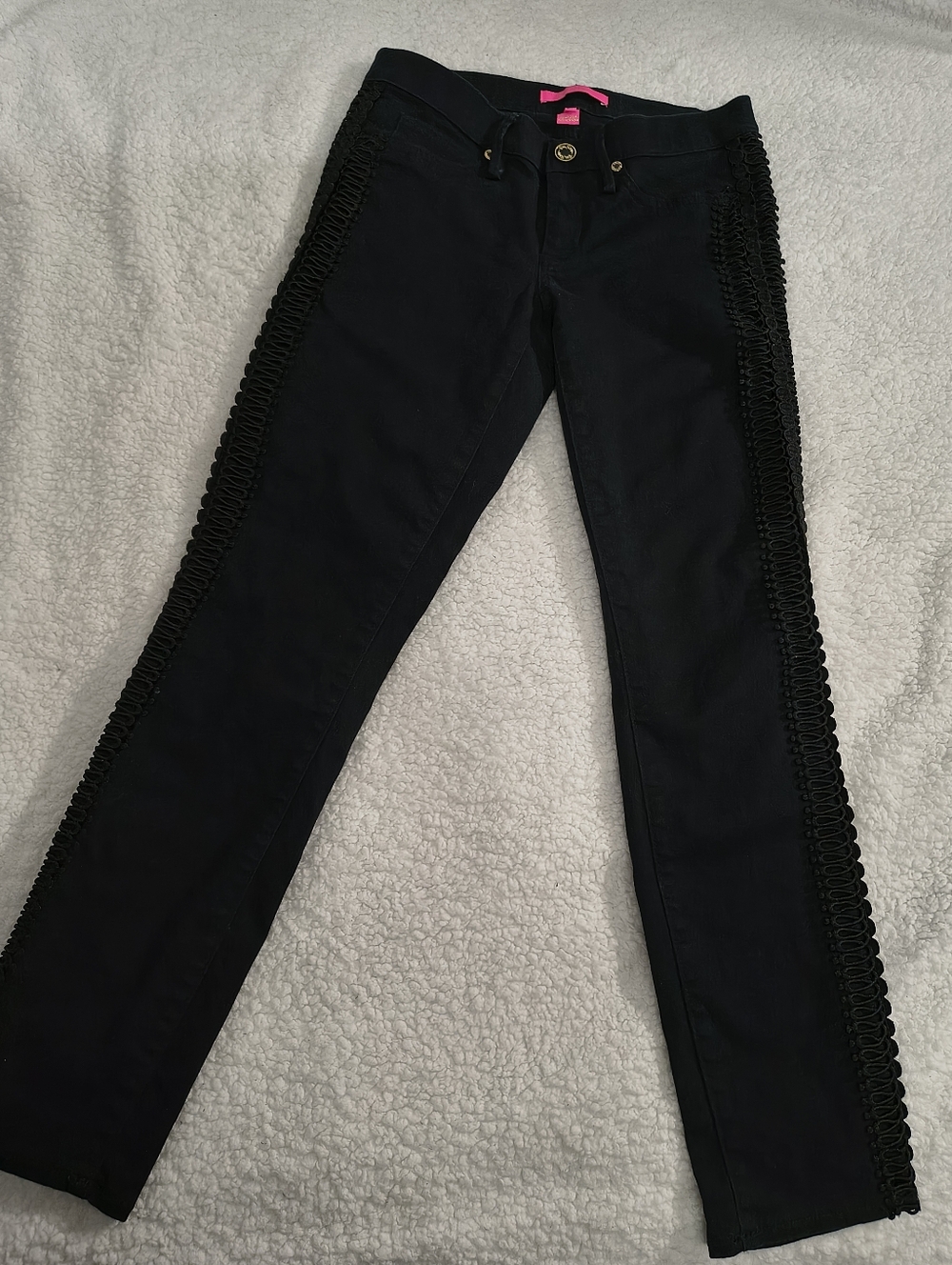 Lilly Pulitzer Black Skinny Pants Size 4 Embroidered Side Detail Stretch Women